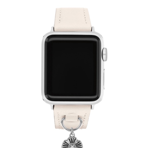 Coach Women's Leather Apple Watch Strap: Chalk White With Silver Tea Rose Charm - Picture 2 of 6